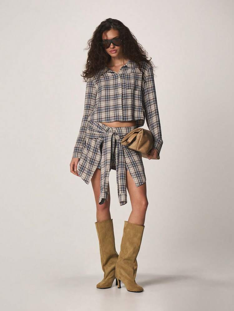MISSGUIDED Plaid Check Print Mini Skirt With Tie Front Detail And Asymmetric Hem For Fall Winter | SHEIN