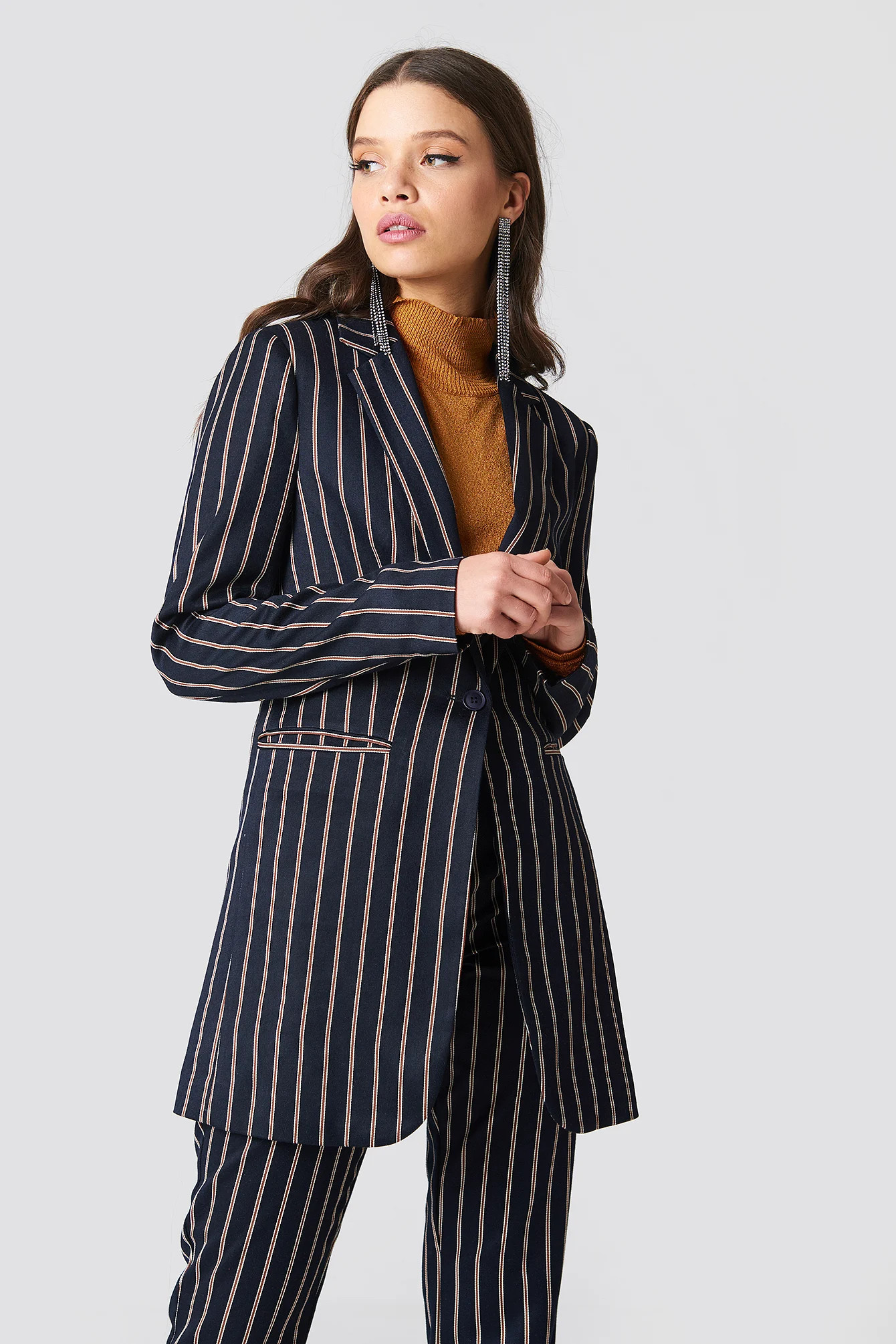 NA-KD Trend Striped Long Blazer - Multicolor, Navy | NA-KD Global