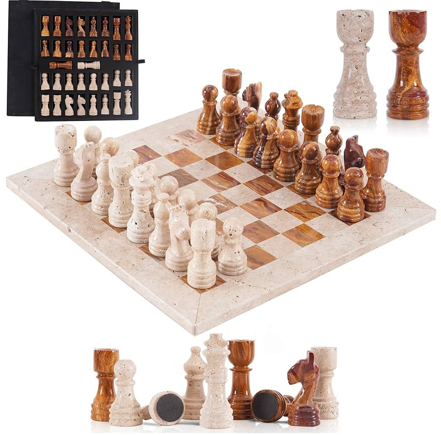 Marble Chess Set 12 Inch Handmade Travertine and Brown Board Game with Storage Box, Classic Trave... | Amazon (US)