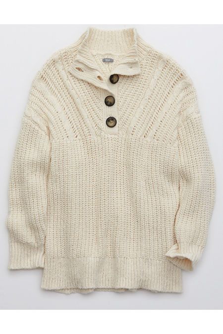 Aerie Button Mock Neck Sweater Women's Natural XXL | American Eagle Outfitters (US & CA)