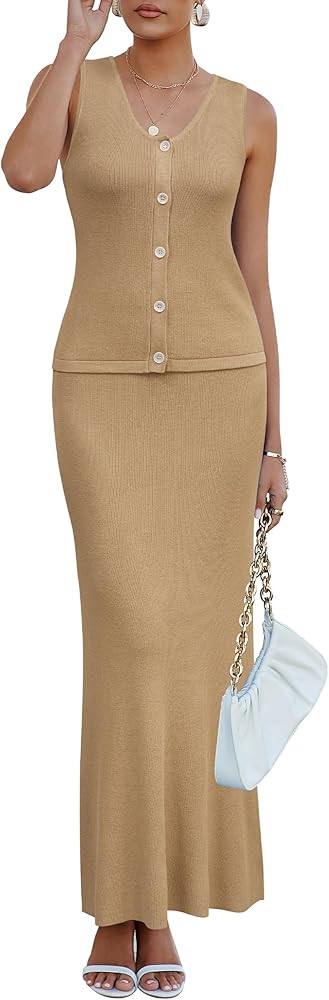 Arach&Cloz Women's Lightweight 2 Piece Sets Summer Vacation Button Top and Maxi Skirt Outfits 202... | Amazon (US)