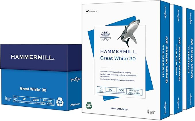 Hammermill Printer Paper, Great White 30% Recycled Paper, 8.5 x 11 - 3 Ream (1,500 Sheets) - 92 B... | Amazon (US)