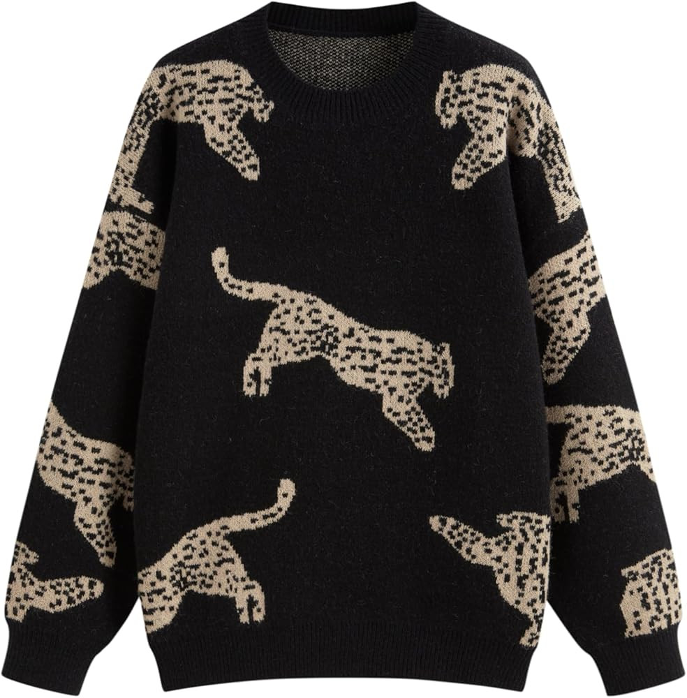 CIDER Womens Leopard Crew Neck Long Sleeve Boho Knit Sweater Casual Pullover Fall Sweater | Amazon (US)