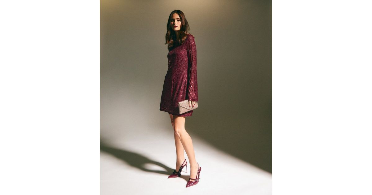 Burgundy Sequin Long Sleeve Mini Dress | New Look | New Look (UK)