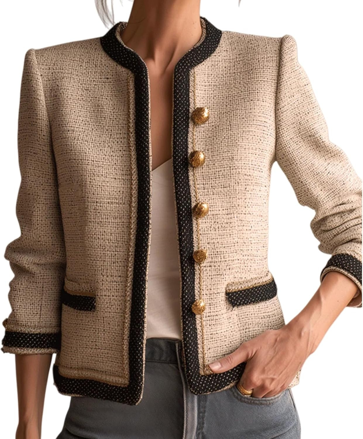 Tweed Jacket Women Fall Womens Cropped Jackets Business Casual Outfit Round Neck Open Front Collarless Long Sleeve Blazer | Amazon (US)