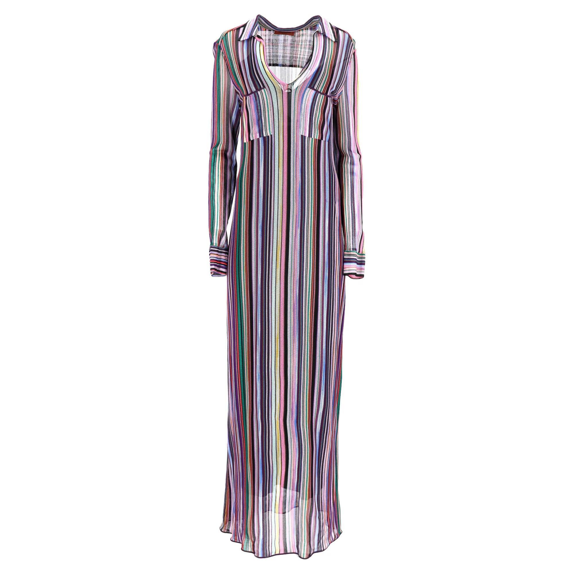 Missoni Knitted Stripe Maxi Long Sleeve Dress in Multicolor Viscose | Shop Simon