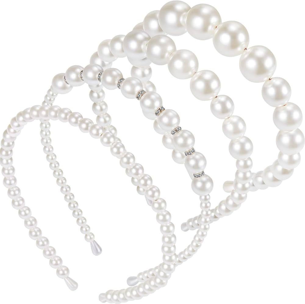 4 Pieces Pearls Headbands Women White Faux Pearl Rhinestones Hairbands Bridal Hair Hoop Wedding H... | Amazon (US)