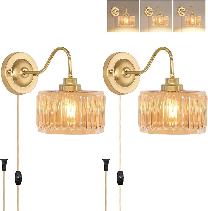 Vintage Plug in Wall Sconces,Dimmable Wall Sconces of Two,Wall Lamps with Plug in Cord & Flower G... | Amazon (US)