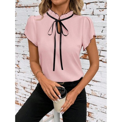 Garvee Women's Elegant Bow Tie Neck Blouse with Ruffle Trim, Vintage Business Casual Top for Office Work & Professional Wear Pink S | Target