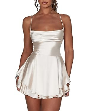 Women Sexy Backless Short Romper Dress Cowl Neck Tie Ruffle Layer Spaghetti Strap Jumpsuit Dress ... | Amazon (US)