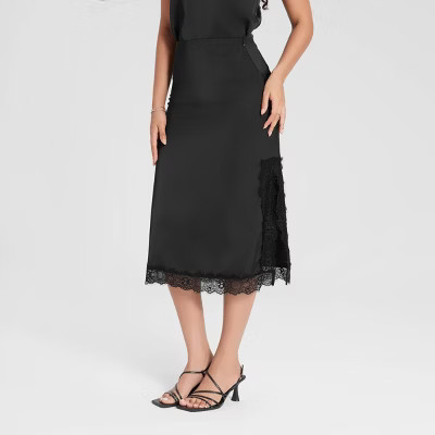 Women's Lace Trim Satin A-Line Skirt - A New Day™ Black XXL | Target