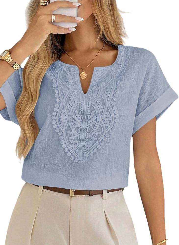 EVALESS Womens Tops Summer Trendy Dressy Casual Boho V Neck Short Sleeve Shirts Work Business Cut... | Amazon (US)