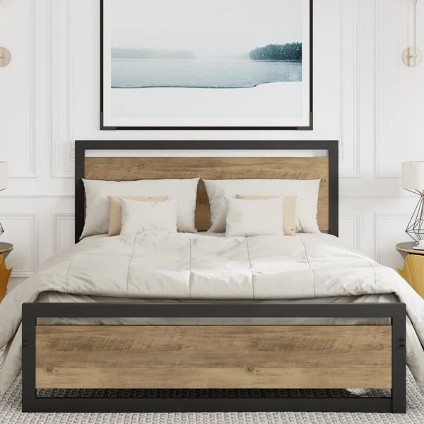 Marilee Wood and Black Metal Frame Bed with Headboard | Wayfair North America