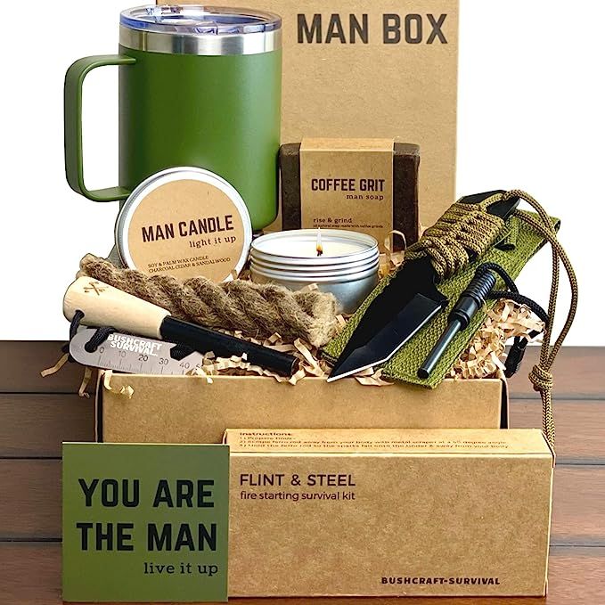 Man Gift Box | Fun Outdoor Men Gifts - Camping Ferro Rod Fire Starting Rope Knife Candle Soap & T... | Amazon (US)