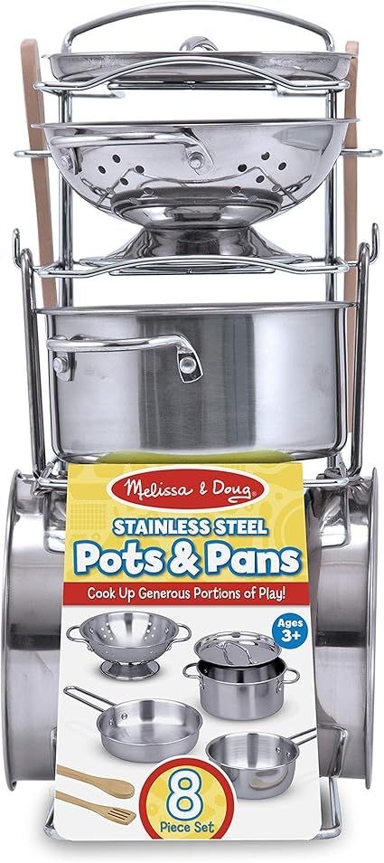 Melissa & Doug Stainless Steel Pots and Pans Pretend Play Kitchen Set for Kids (8 pcs) | Amazon (US)