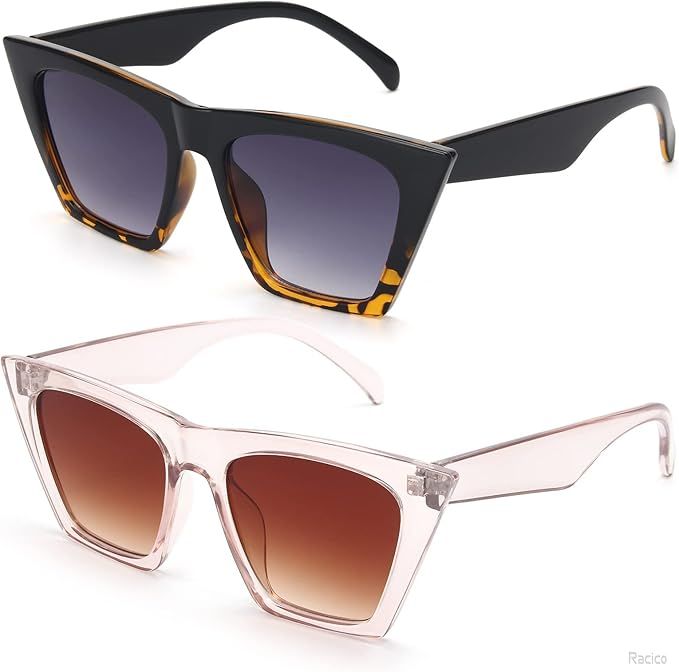 Trendy Cat Eye Sunglasses Women - 2 pack Vintage Oversized Cateye Style Square Sun Glasses Women ... | Amazon (US)