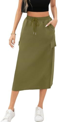 Women's Midi Cargo Skirt High Waist Drawstring Summer Slit Dressy Casual Skirts with Pockets | Amazon (US)