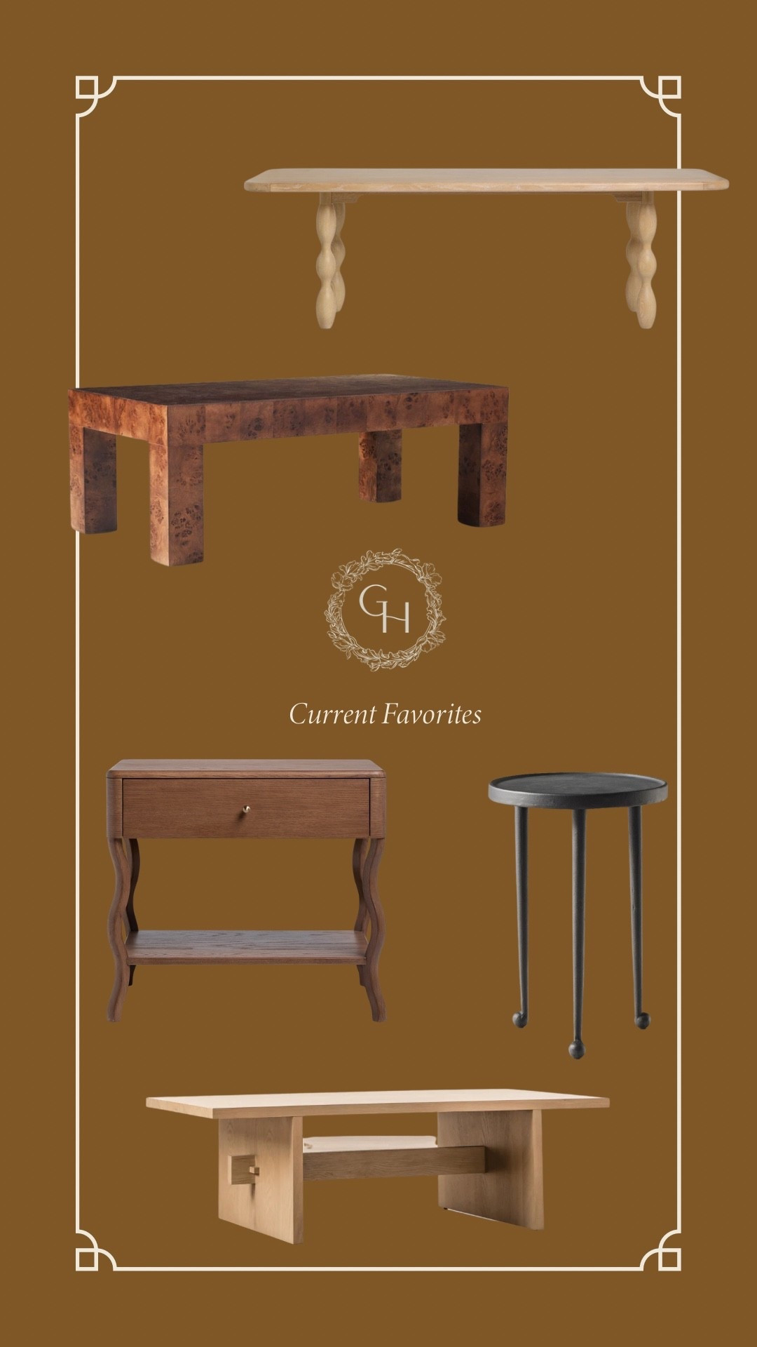 Current favorite tables!

Side table, nightstand, coffee table, dining table, west elm, Lulu and Georgia