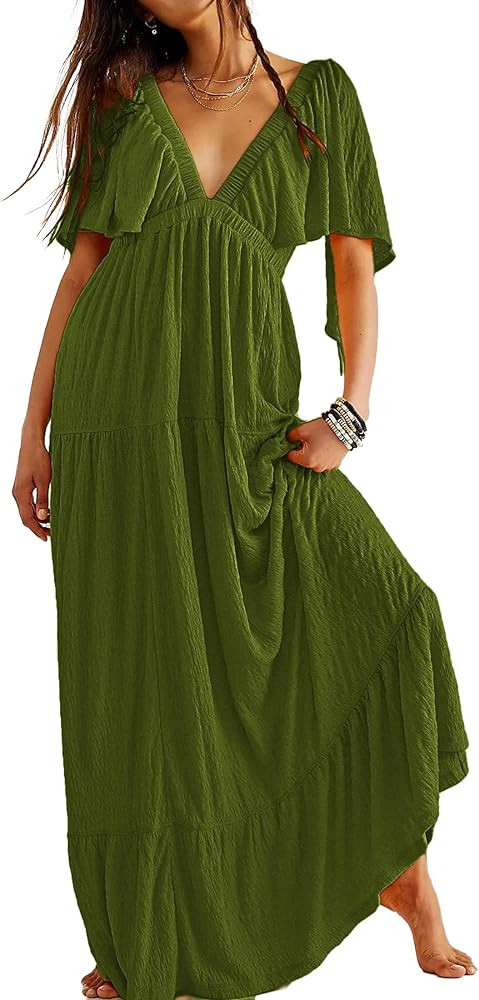 Kikibell Women Summer Dresses Sexy V-Neck Maxi Dress Tiered Silhouette with Flutter Sleeve Backle... | Amazon (US)