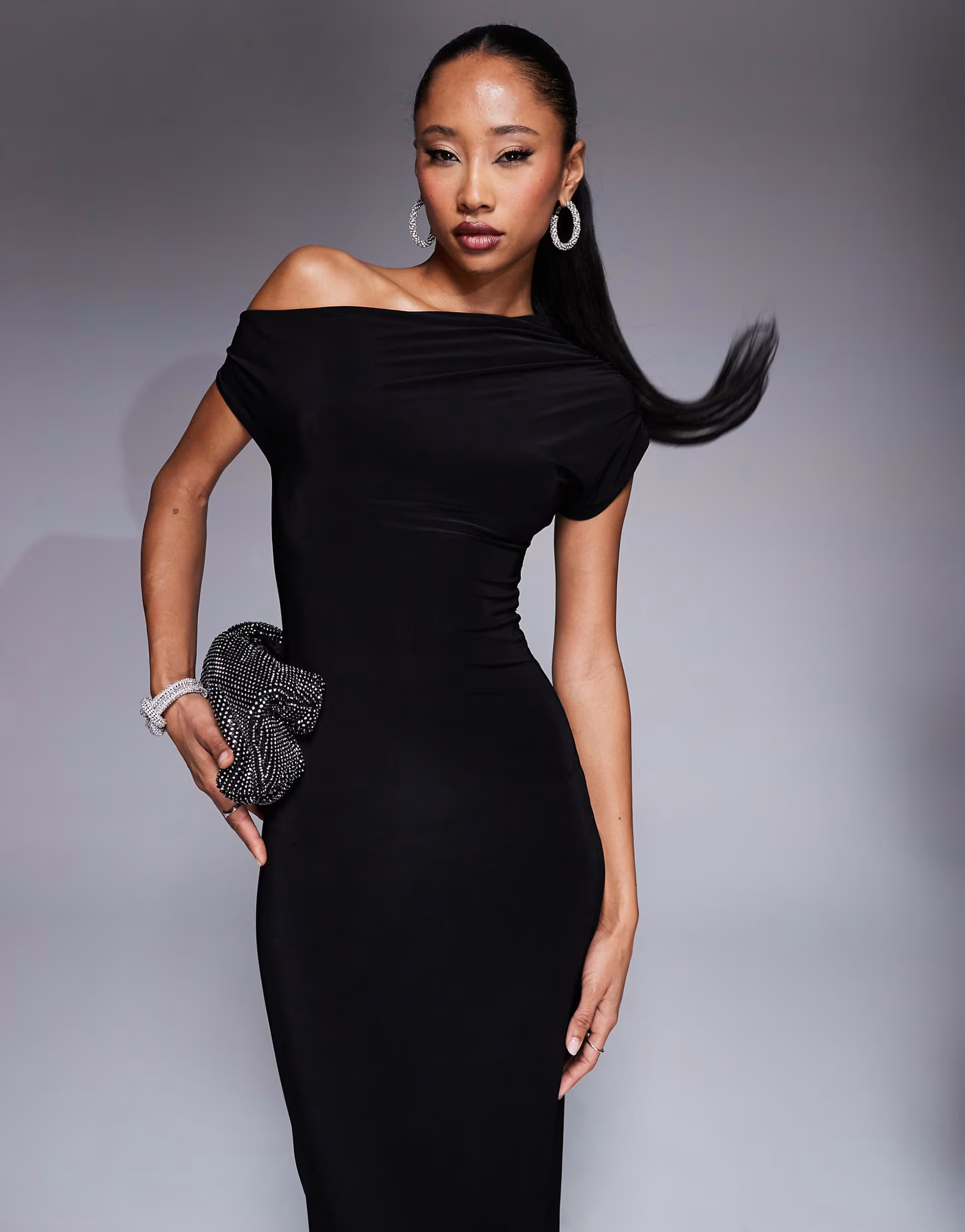 Kaiia exclusive slinky drape off shoulder bodycon maxi dress in black | ASOS | ASOS (Global)
