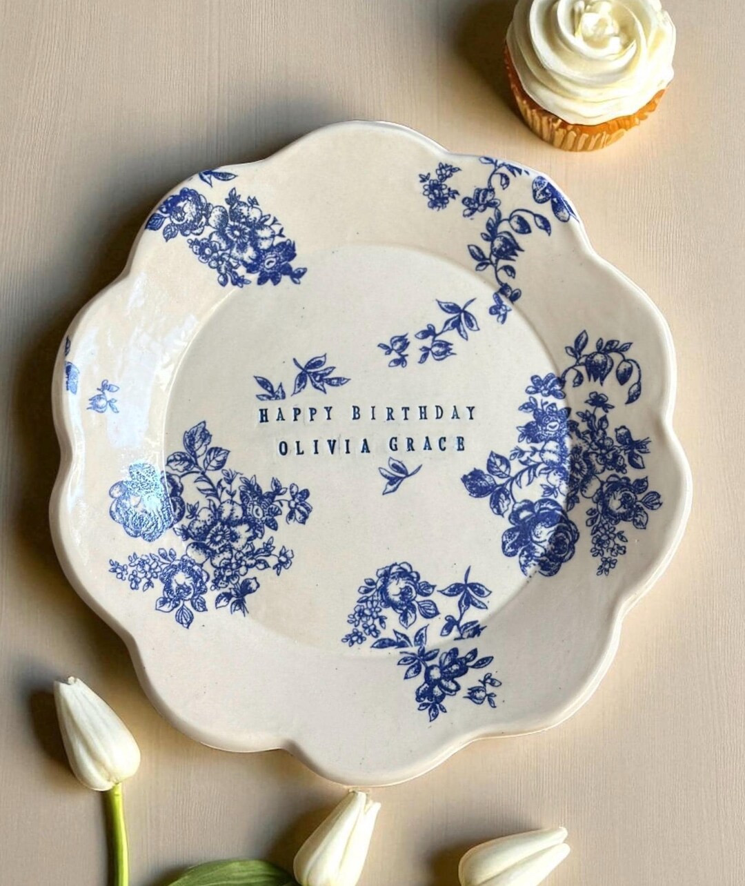 Personalized birthday plate  blue flower handmade ceramic custom scallop edge cupcake plate for b... | Etsy (US)