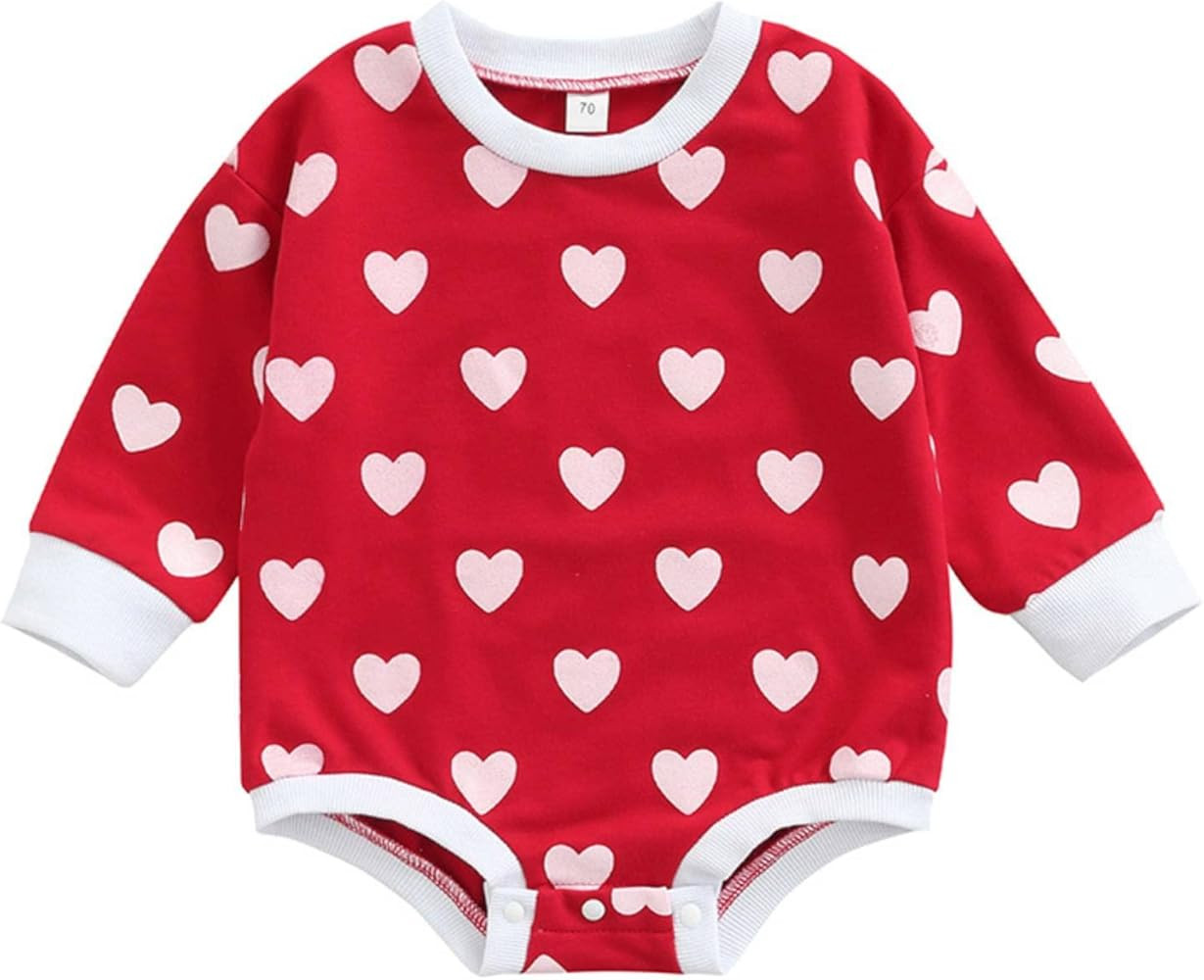Newborn Baby Girl Valentines Day Outfit Long Sleeve Shirt Top Heart Print Suspender Shorts Set Infan | Amazon (US)