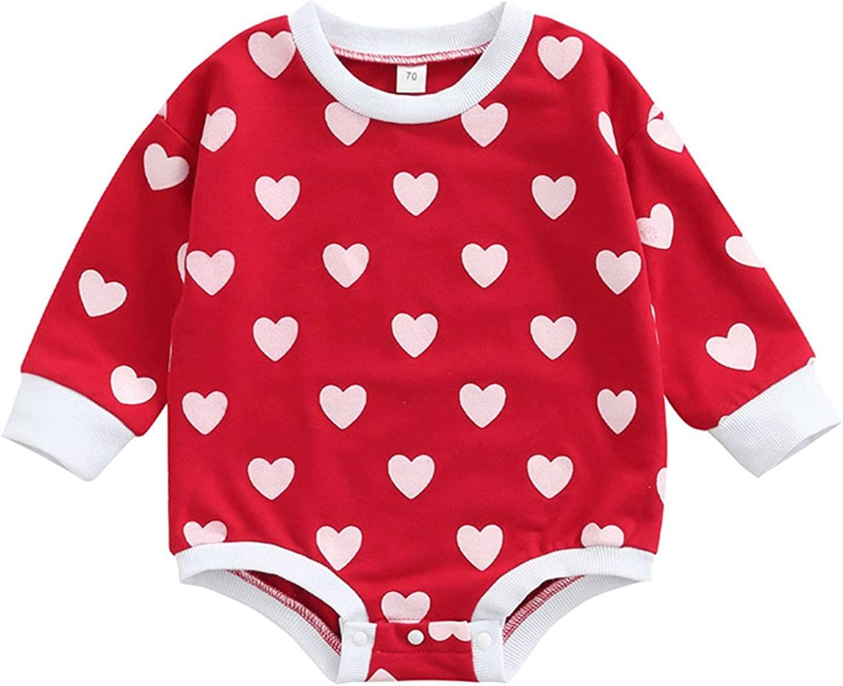 Newborn Baby Girl Valentines Day Outfit Long Sleeve Shirt Top Heart Print Suspender Shorts Set Infan | Amazon (US)