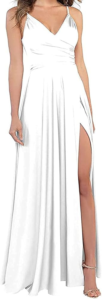 RYANTH Long Bridesmaid Dresses for Women Formal Satin Spaghetti Strap Prom Evening Gowns RYZ054 | Amazon (US)