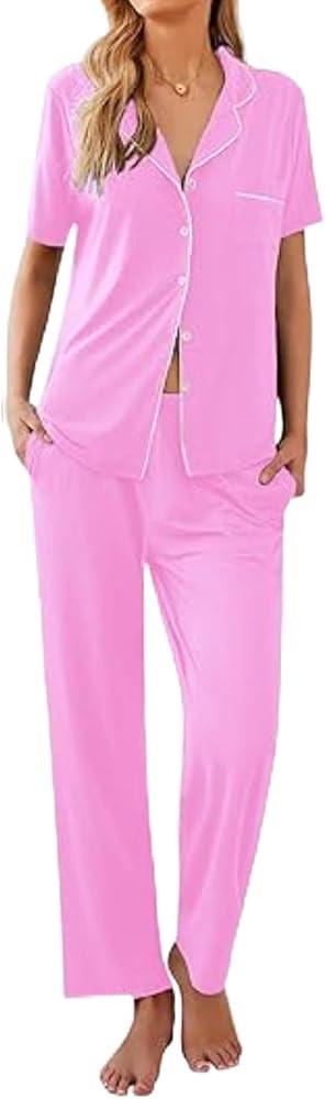 Ekouaer Women Pajamas Set Button Down Sleepwear Short Sleeve Nightwear with Long Pants Soft Pjs S... | Amazon (US)