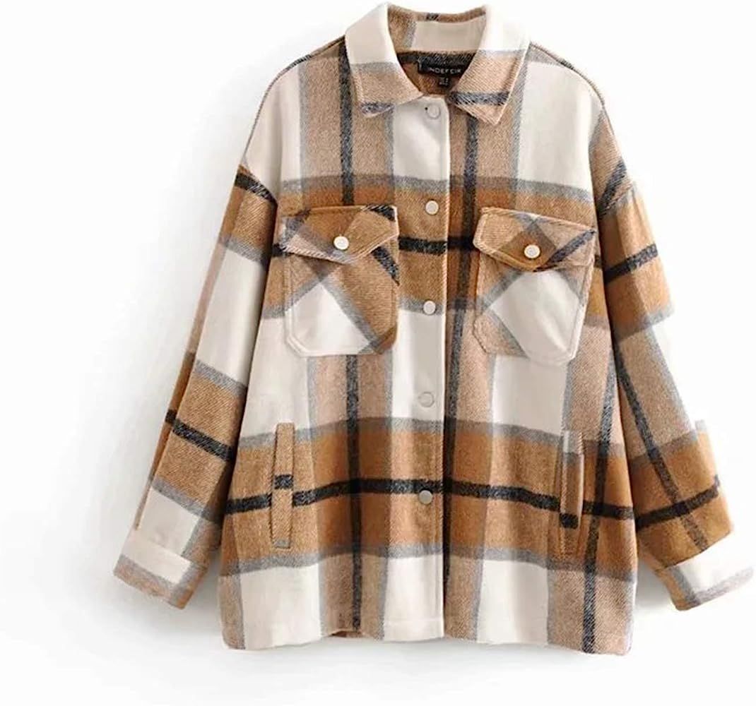 Women's Casual Color Block Plaid Wool Blend Shirt Jacket Coat Long Sleeve Button Down Cardigan To... | Amazon (US)