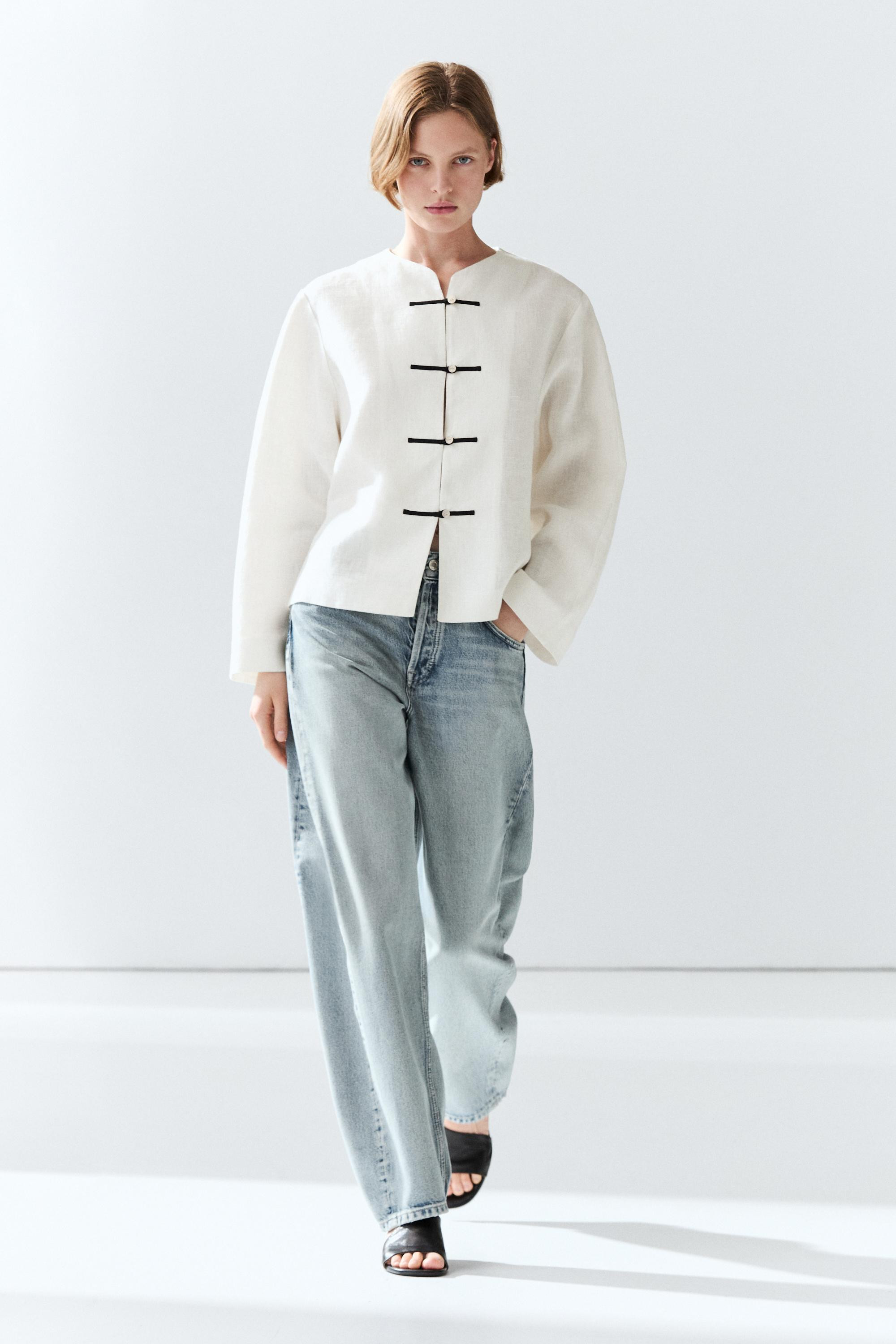 100% linen flowing shirt with button detail | Massimo Dutti UK