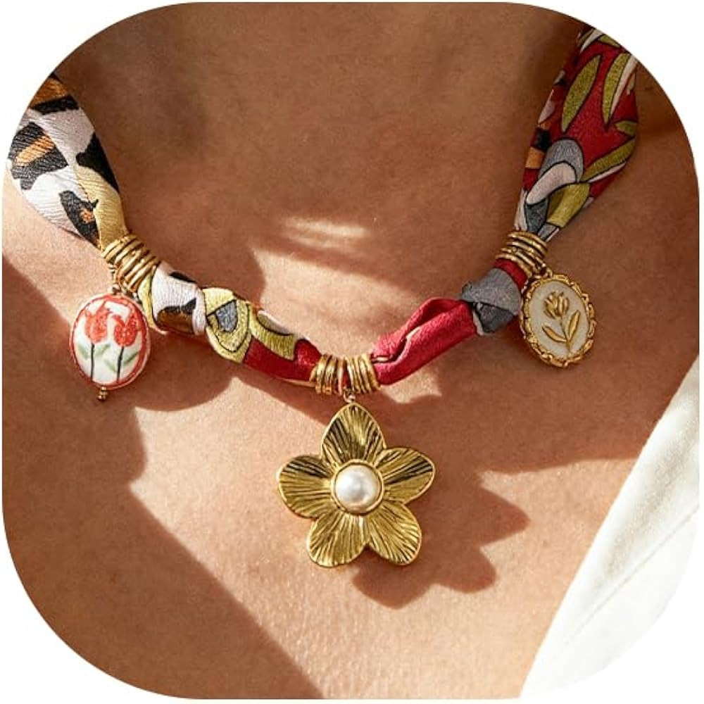 Scarf Necklace for Women – Bandana Necklace, Adjustable Tie-Knot Neck Scarf with Floral/Enamel/... | Amazon (US)