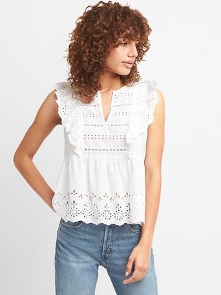 Gap Womens Ruffle Sleeve Eyelet Top White Size L | Gap US