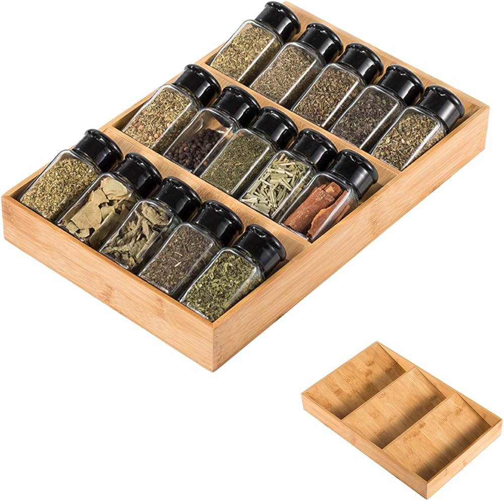 3-Tier Bamboo Drawer Spice Rack Wooden Kitchen Cabinet Drawer Spice Organizer Spice Jar Holder, M... | Amazon (US)