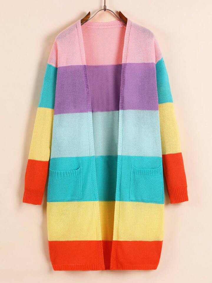 Teen Girl Color Block Dual Pocket Drop Shoulder Open Front Cardigan | SHEIN