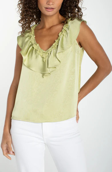 RUFFLE FRONT SLEEVELESS WOVEN-TO-KNIT TOP | Liverpool Jeans