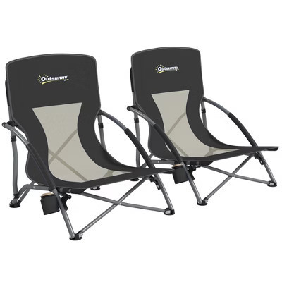 Outsunny Set of 2 Folding Beach Chair, Beach Chairs with Mesh Back, Carry Bag and Cup Holder for Outdoor Camping Lawn Sports Picnic, Black | Target