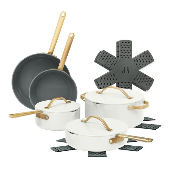 Beautiful 12pc Ceramic Non-Stick Cookware Set with Strainer Lids, White Icing by Drew Barrymore | Walmart (US)