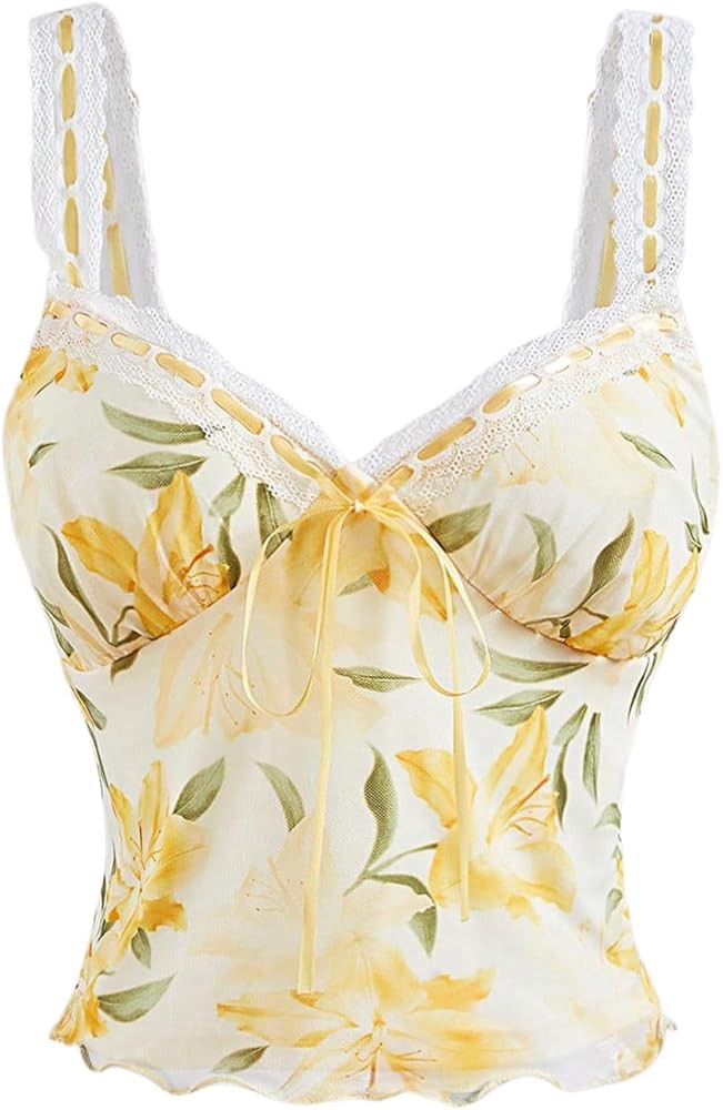Milumia Women's Floral Print Sweetheart Neck Tank Top Tie Front Mesh Crop Summer Camisoles | Amazon (US)