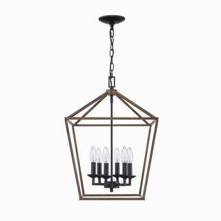 Home Decorators Collection Weyburn 6-Light Black and Faux Wood Farmhouse Chandelier Light Fixture with Caged Metal Shade | The Home Depot