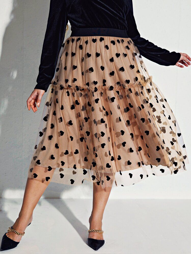Plus Frill Trim Heart Mesh Overlay Skirt | SHEIN