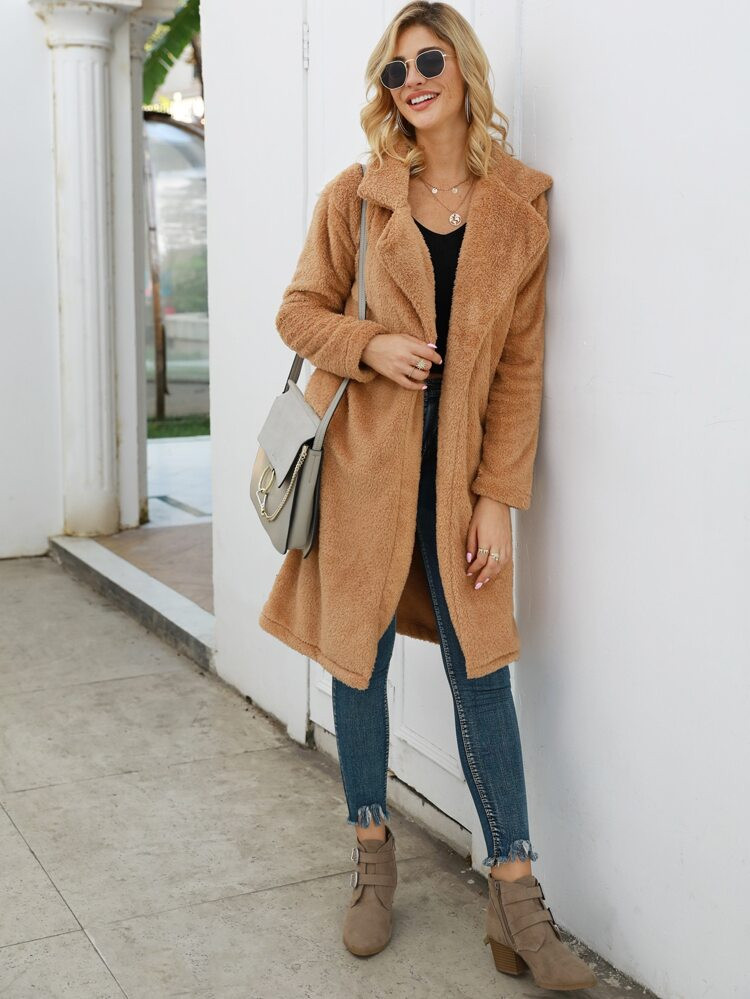 Lapel Collar Open Front Slant Pocket Teddy Coat | SHEIN