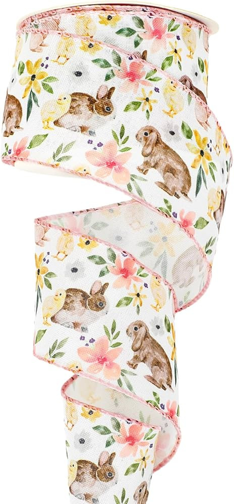 AnyDesign Easter Wired Edge Craft Ribbon Spring Floral Bunny Wired Ribbon Watercolor Easter Rabbi... | Amazon (US)