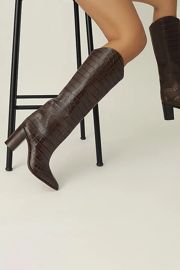Schutz Maryana Leather Knee-High Croc Boot in Dark Chocolate, Women's at Urban Outfitters | Urban Outfitters (US and RoW)