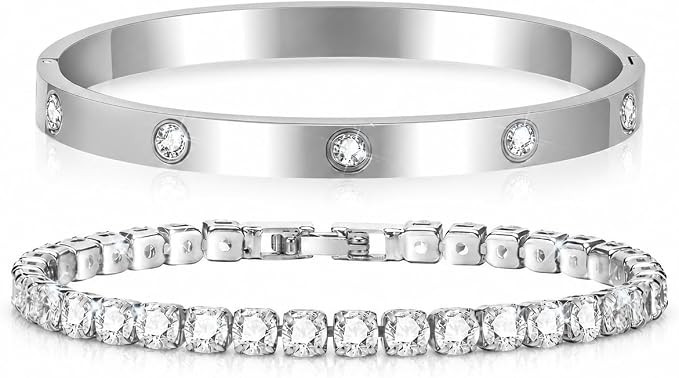 Women Tennis Bracelet Set - Stainless Steel Gold Plated Bangle, Dainty Cubic Zirconia Classic Ten... | Amazon (CA)