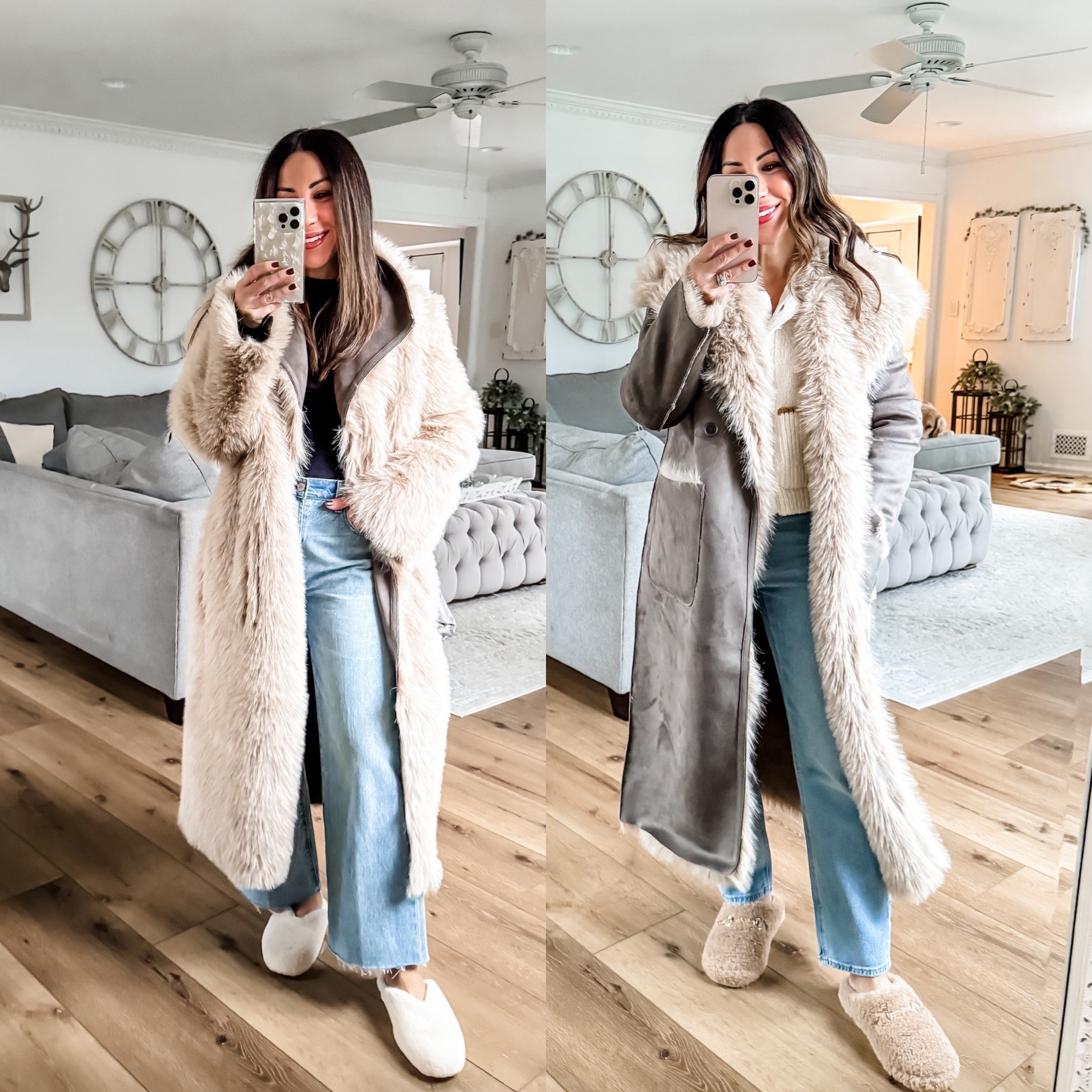 Cost Xs. Left jeans 25. I cut them. Right jeans 0 X-short. Suede coat, faux fur coat, reversible coat. Winter coat, statement coat. Shoes TTS.

#LTKGiftGuide #LTKOver40 #LTKHoliday