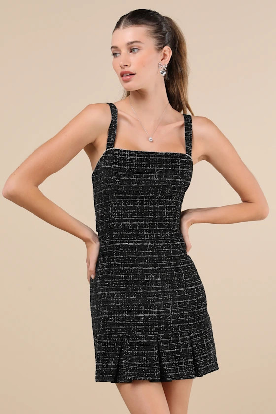 Posh Picture Black Tweed Rhinestone Mini Dress | Lulus