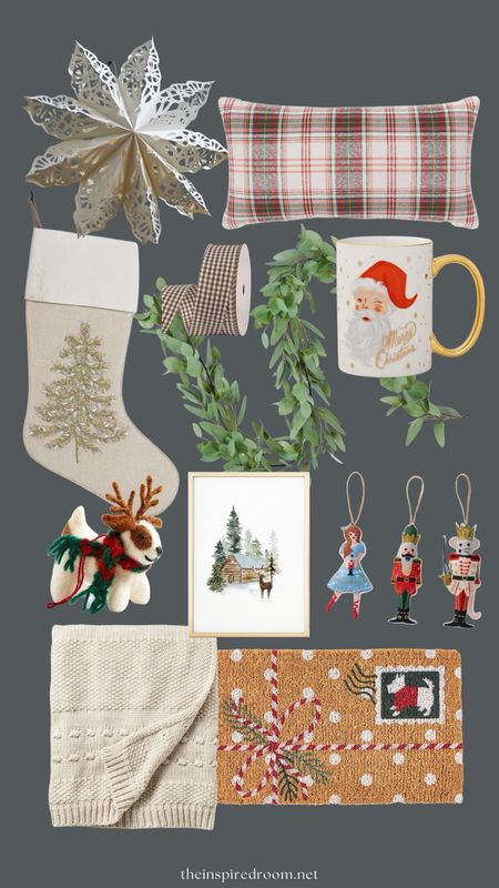Christmas decor, ornaments, throw blanket, stocking, plaid pillow, doormat, santa mug, printable art, eucalyptus garland  

#LTKHoliday #LTKhome #LTKSeasonal