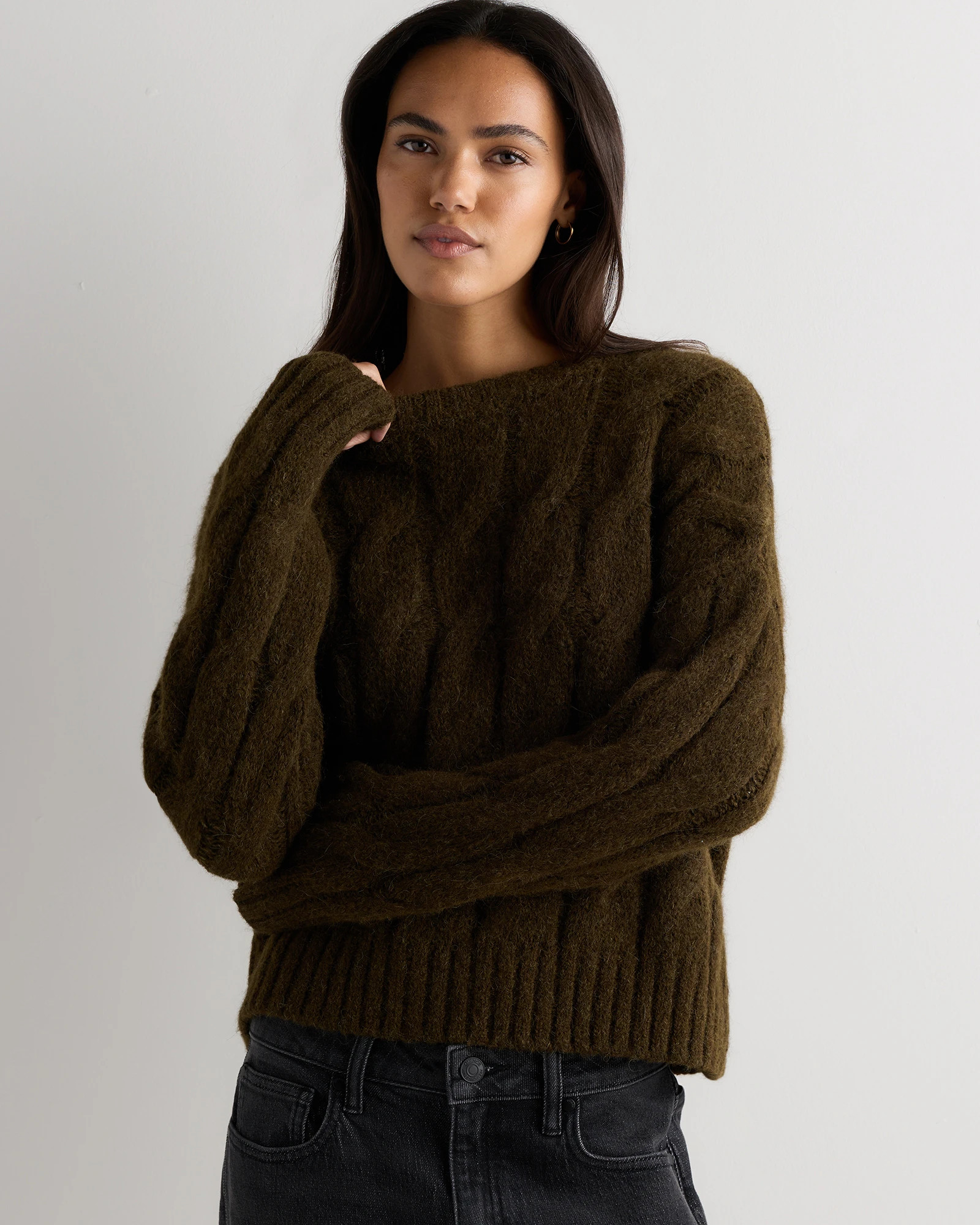 Quince | Women's Lofty Baby Alpaca Relaxed Cropped Cable Crewneck Sweater in Moss Shadow Green, Size XS | Quince