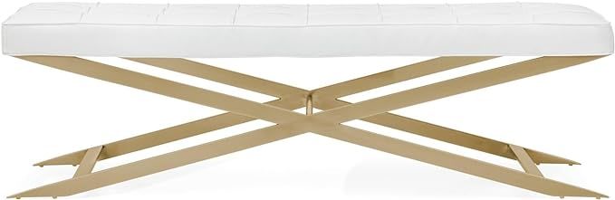 ZURI Modern Ruth White Leatherette Button Tufted Long Bench with Brushed Gold X Shaped Base | Amazon (US)